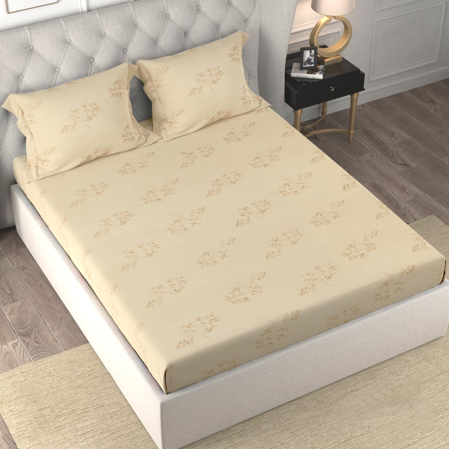 Cotton Bedsheet King Size Bed With 2 Pillow Covers - 100 X 108 Inches, Beige | 150 Thread Count Floral Bedsheet For Double Bed - Breathable & Lightweight