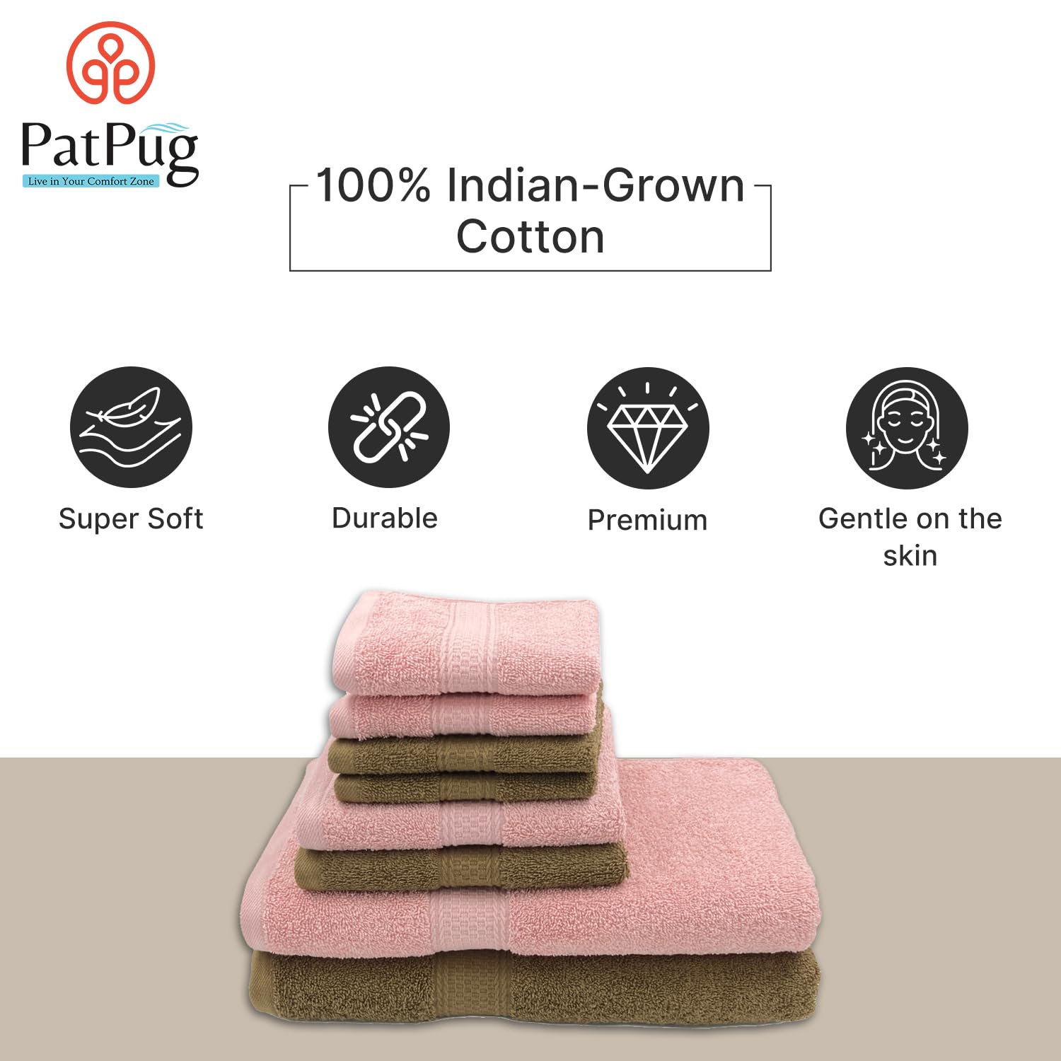 Patpug 100% Indian Cotton Plush Towel Set 2000 Gsm | Highly Absorbent, Fade Resistant, Quick Drying 2 Bath, 2 Hand & 4 Face Towel (Sepia Brown & Baby Pink) - 8 Piece