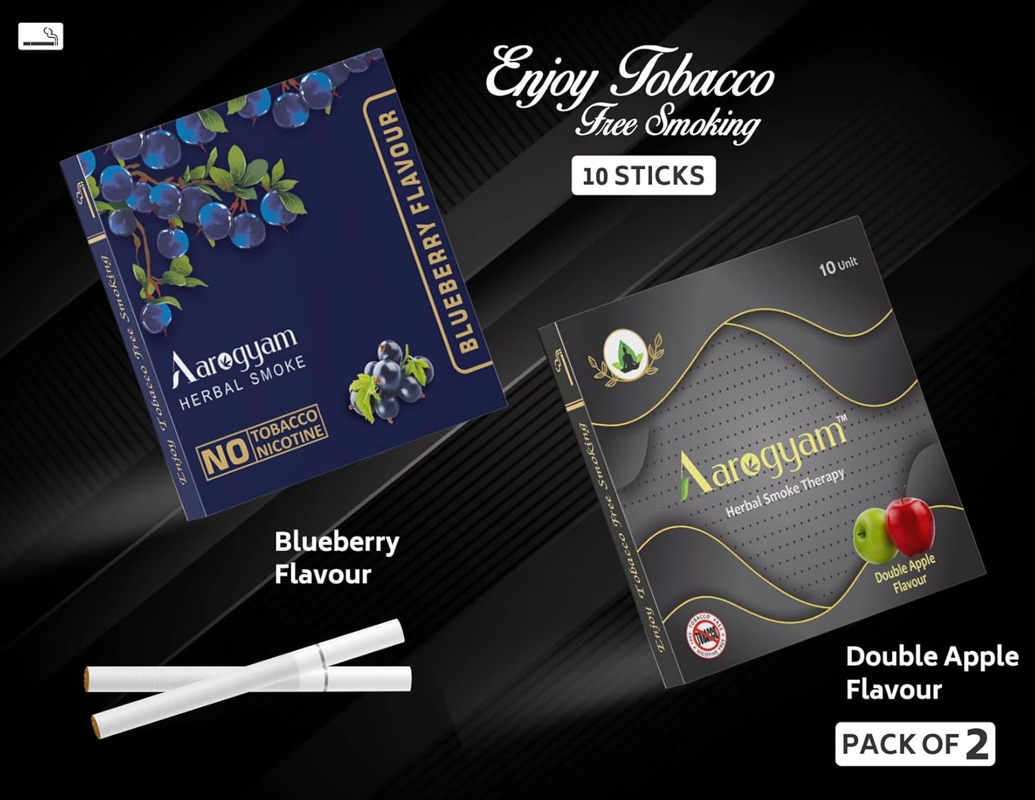 Aarogyam Herbals Pack Of 2 Flavours 100% Tobacco & Nicotine Free Cigarette For Relieve Stress & Mood Enhance Product Double Apple - Bluberry - 10 Sticks X 2 Packets
