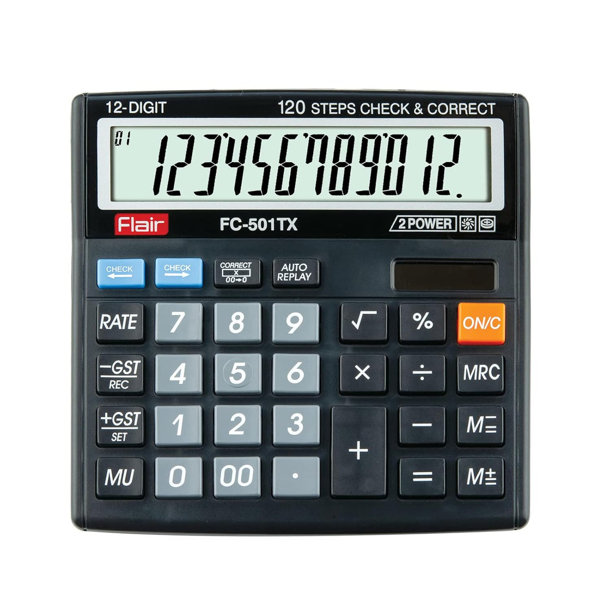 Flair FC-501 TX Desktop Series GST Calculator | 12 Digits Calculator | GST Calculation Function | Dual Power With Solar | 112 Steps Check & Correct | For College & Corporate Use| Black