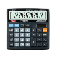 Flair FC-501 TX Desktop Series GST Calculator | 12 Digits Calculator | GST Calculation Function | Dual Power With Solar | 112 Steps Check & Correct | For College & Corporate Use| Black
