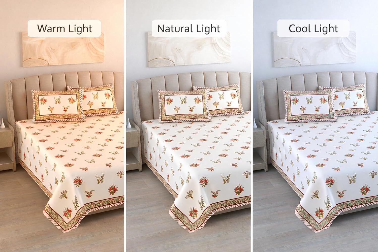 Hand Printed Cotton Bedsheet For King Size With 2 Pillow Covers | 93 X 108 Inches, Cream & Red | Ultra-Soft & Skin-Safe | Breathable Summer Comfort