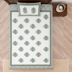 Soft Cotton Single Size Bedsheet With 1 Pillow Cover - 60 X 90 Inches, Cream & Green | Durable For Everyday Use - All Season Comfort
