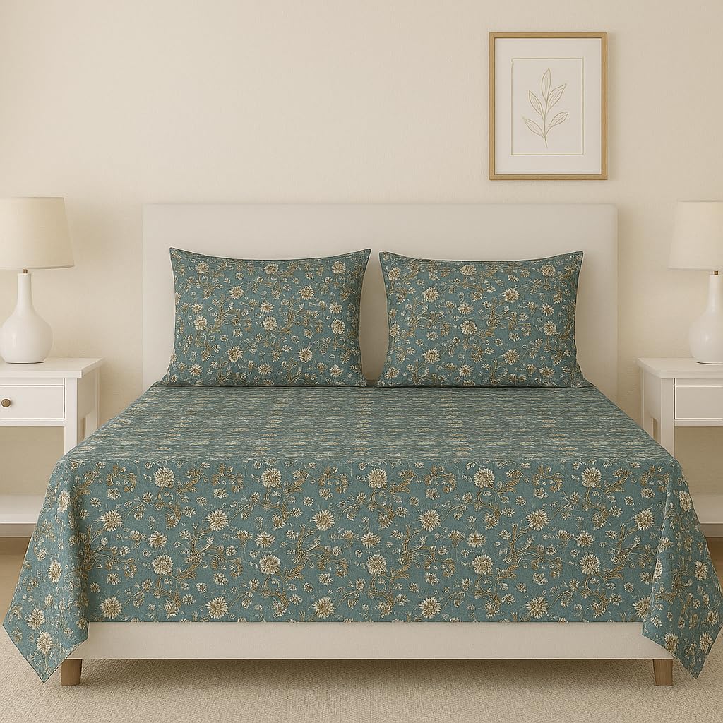 Glace Cotton Flat Double Bedsheets With 2 Pillow Covers | 90 X 90 Inches, Light Green & Beige | Double Bed Breathable | Wrinkle Free & Summer
