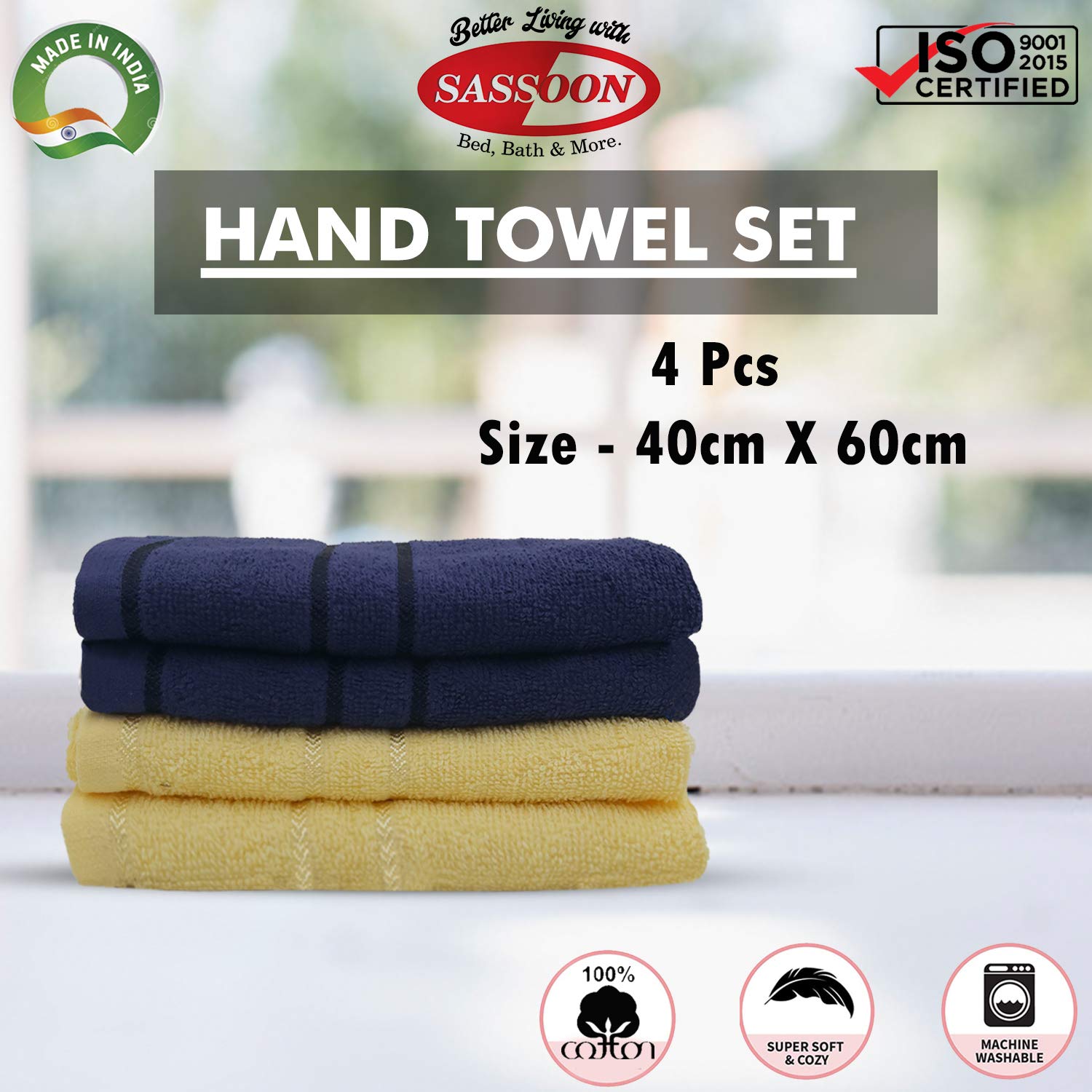 Sassoon Melrose 100% Cotton Hand Towel 800 Gsm | Highly Absorbent, Soft Material Perfect For Daily Use (Midnight & Lemon) -4 Piece