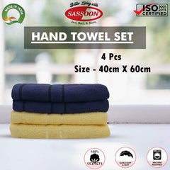 Sassoon Melrose 100% Cotton Hand Towel 800 Gsm | Highly Absorbent, Soft Material Perfect For Daily Use (Midnight & Lemon) -4 Piece