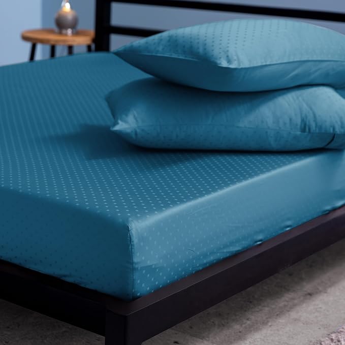 Cotton Fitted Bedsheet For Double Bed With 2 Pillow Covers - 60 X 80 Inches, Blue | Sateen Weave Queen Size Bed Sheet,12" Deep Pocket