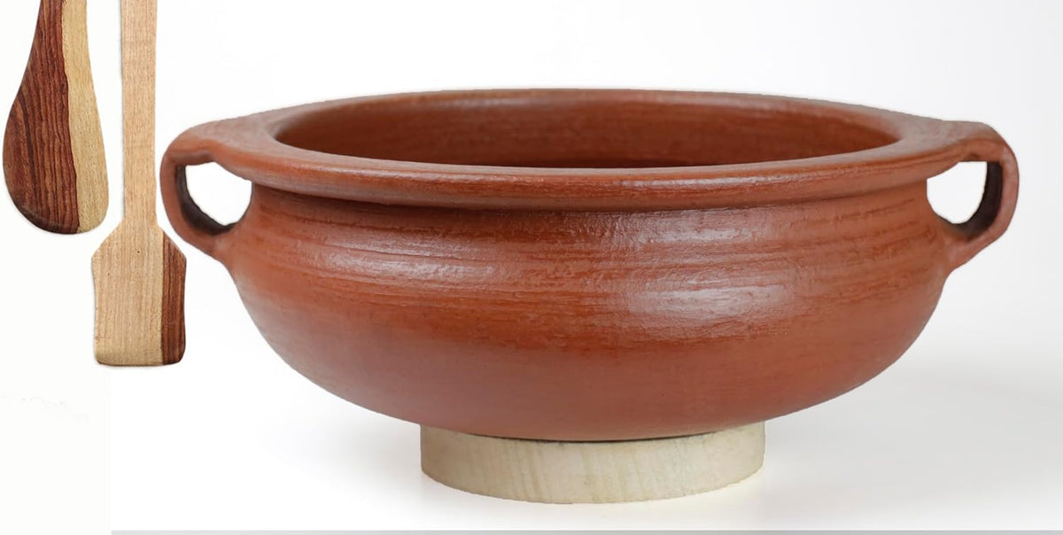 Deep Burned Uncoated Clay Pot With Handle Or Mitti Handi With 2 Spatulas Complimentary For Cooking & Serving - Red, 1 Liter | Pre-Seasoned Mud Pot - Unglazed, Double Fired, Hand Crafted