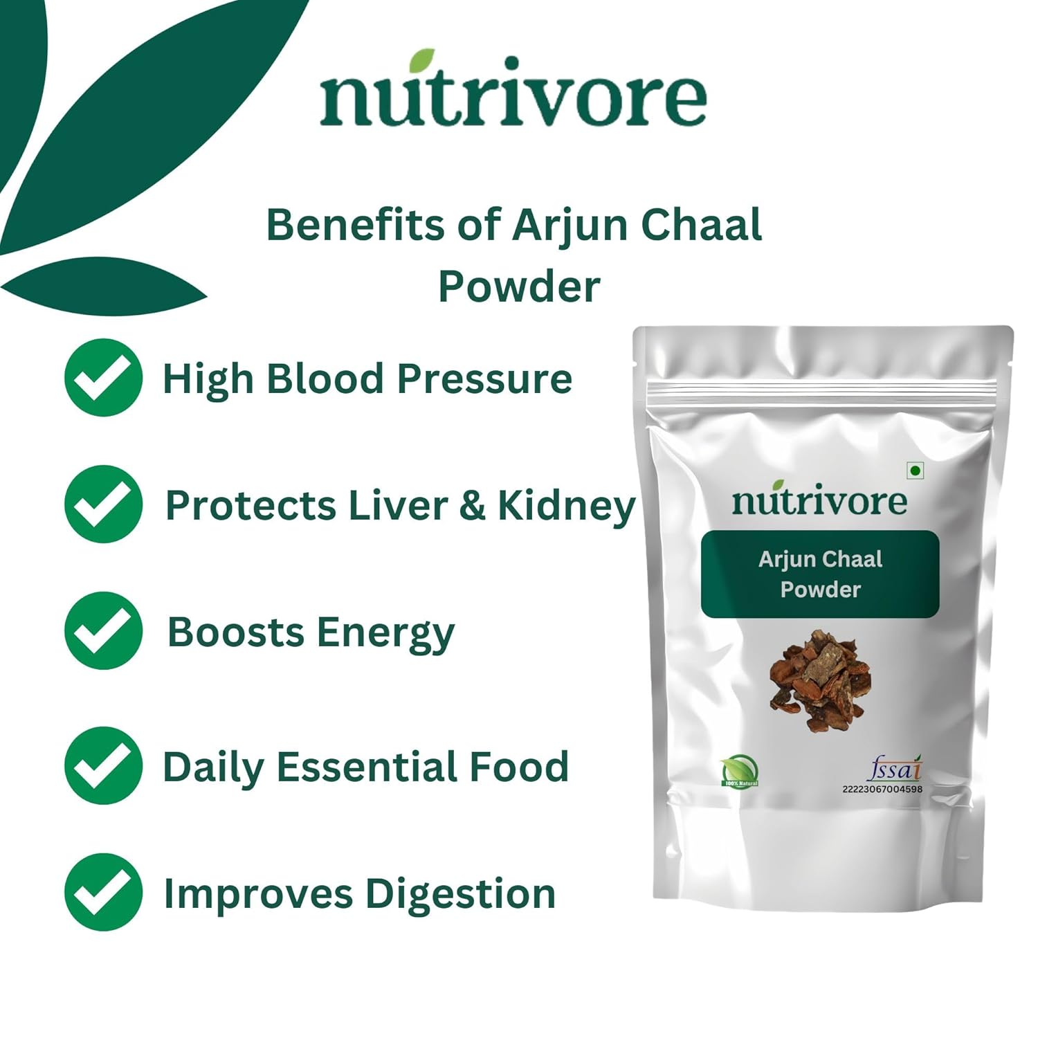 Nutrivore Pure Arjun Chaal Powder, Arjun Bark Powder, Supports Healthy Heart Function, Terminalia Arjuna, No Added Preservatives | 400gm 0.8lbs