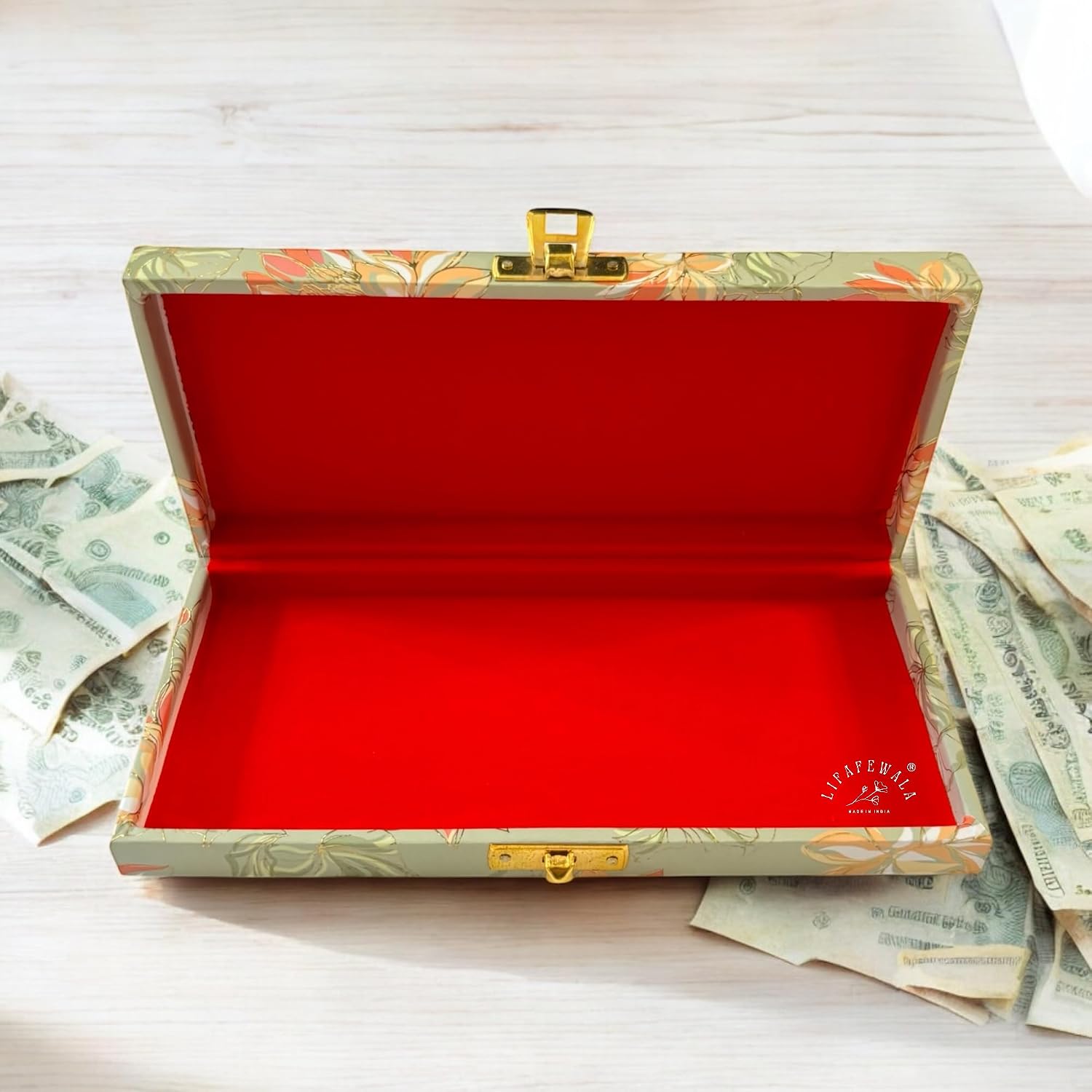 Rectangular Shaped Floral Design Cash Box, Shagun Box, Gift Box, Gaddi Box, Jewellery Box, Shagun Envelope In Floral Design, Colour - Pastel Green