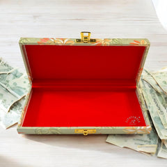 Rectangular Shaped Floral Design Cash Box, Shagun Box, Gift Box, Gaddi Box, Jewellery Box, Shagun Envelope In Floral Design, Colour - Pastel Green