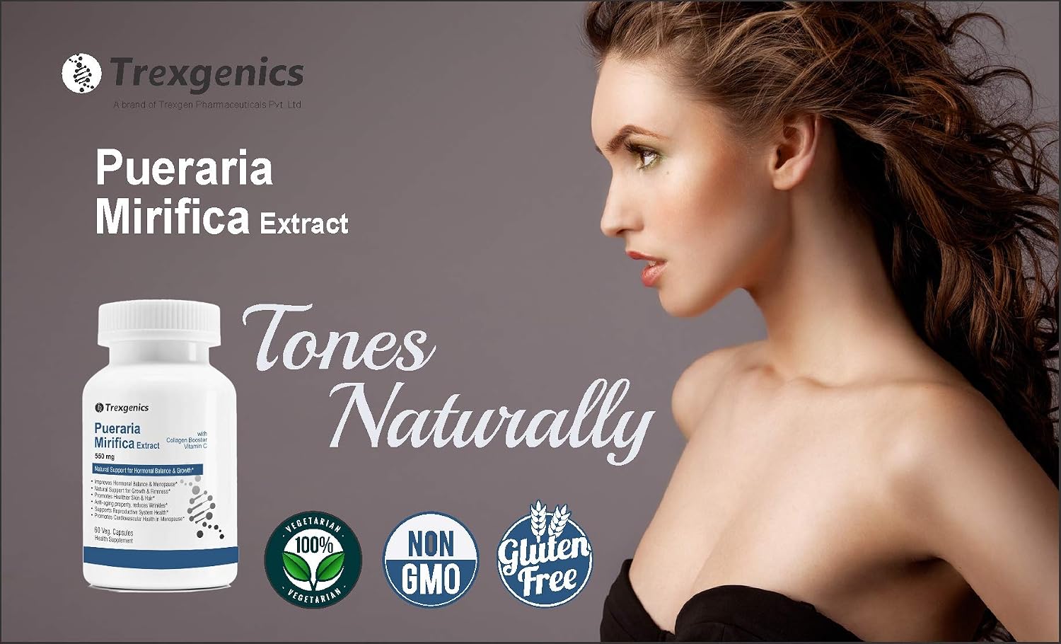 Trexgenics Pueraria Mirifica Extract 550mg With Collagen Booster Vitamin C | 60 Vegetarian Tablets , 100gm 0.2lbs , Each Pack Of 2