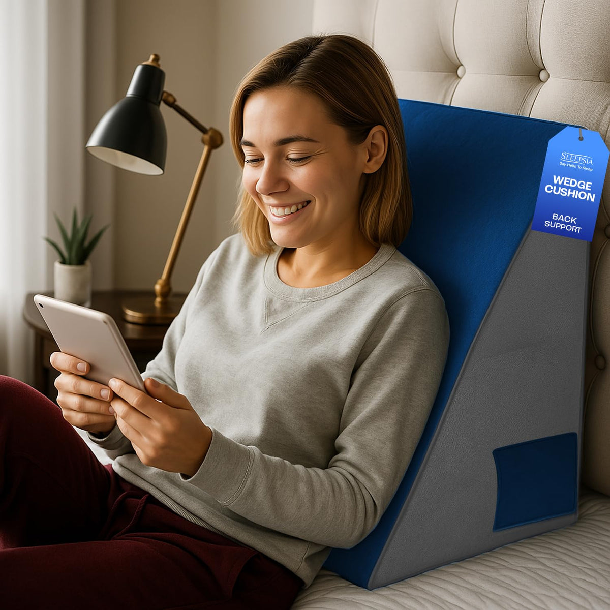 Wedge Memory Foam Pillow, Back Support Pillow For Bed, Acid Reflux, Grey & Blue | Snoring, Gerd, Leg Elevation, Pregnancy Support For Sitting & Sleeping | Wedge Cushion Pillow