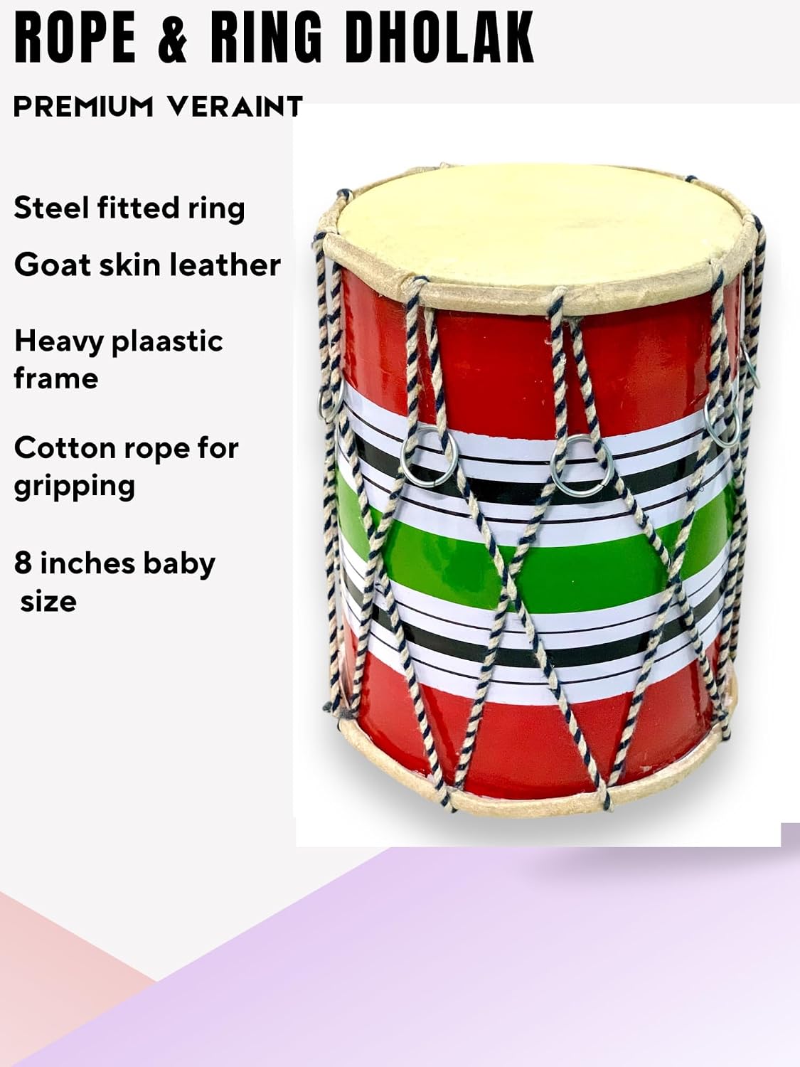 Traditional Rope & Ring Baby Dholak - Multicolor | Perfectly Symmetric Round Dholak - Dholak For Festival, Wedding, Satsang | Punjabi Dhol Drum, Housewarming Gifts