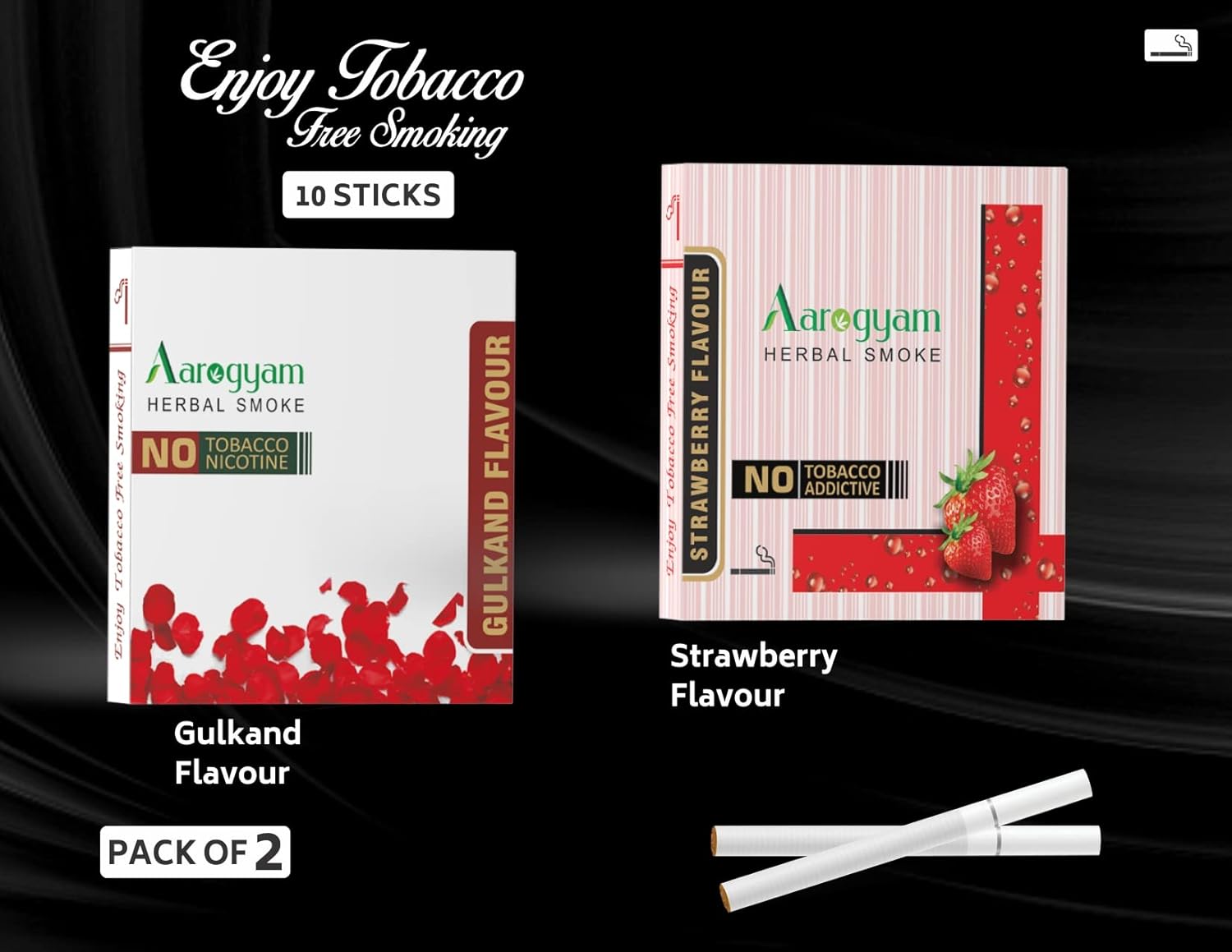 Aarogyam Herbals Pack Of 2 Flavours 100% Tobacco & Nicotine Free Cigarette For Relieve Stress & Mood Enhance Product Strawberry, Gulkand - 10 Sticks X 2 Packets