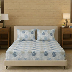 King Size Elastic Fitted Bedsheet With 2 Matching Pillow Cover - 72 X 72 Inches, Ferns Blue | Bedroom With Luxury & Comfort Bedsheet | 180 Thread Count