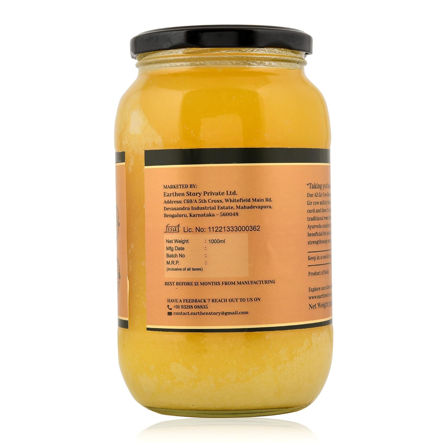 Premium A2 Cow Desi Ghee By Earthen Story | Ancient Bilona Method | Cultured Desi Ghee Good For Brain Health | (1 Litre) 33.8 Ounce | Jar Pack