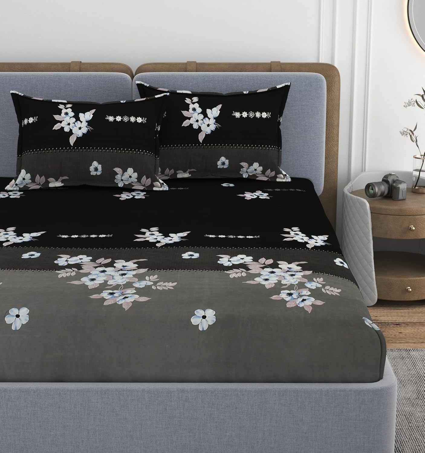 Printed Double Bedsheet With 2 Matching Pillow Covers - 72 X 78 X 10 Inches, Black & Grey | All Around Elastic Fitted King Size Bedsheets | Ideal For Home, Hotel, Bedroom
