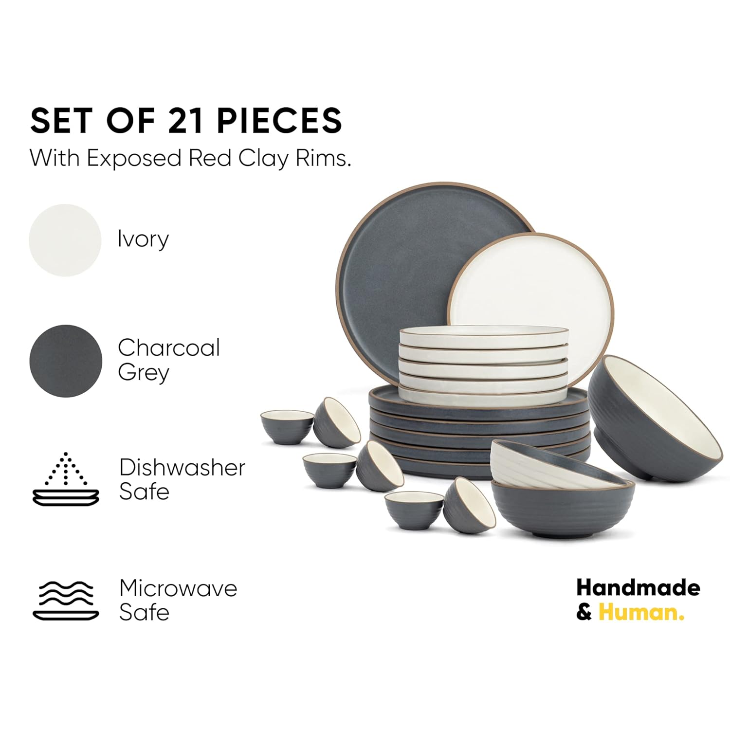 Ceramic Japandi Dinner Set - 21 Pcs, Grey & White | Crockery Set With Matte Finish - 6 Dinner Plates+ 6 Quarter Plates+ 6 Veg Bowls, 220ml Each+ 2 Medium Serving Bowls, 850ml Each+ 1 Large Bowl, 1500ml