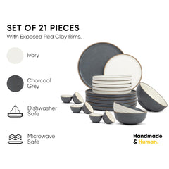 Ceramic Japandi Dinner Set - 21 Pcs, Grey & White | Crockery Set With Matte Finish - 6 Dinner Plates+ 6 Quarter Plates+ 6 Veg Bowls, 220ml Each+ 2 Medium Serving Bowls, 850ml Each+ 1 Large Bowl, 1500ml