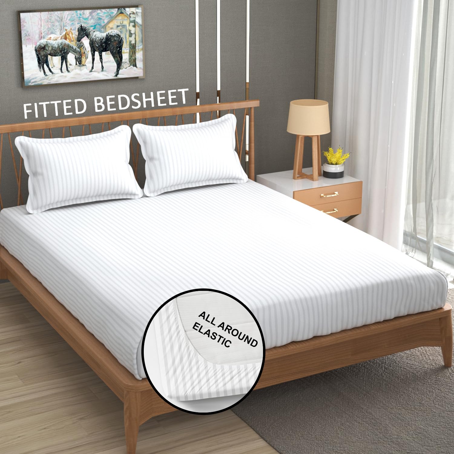 Cotton Elastic Fitted King Size Double Bed Bedsheet With 2 Pillow Covers - 72x78x6 Inches, White | Durable Bedsheets For Everyday Comfort