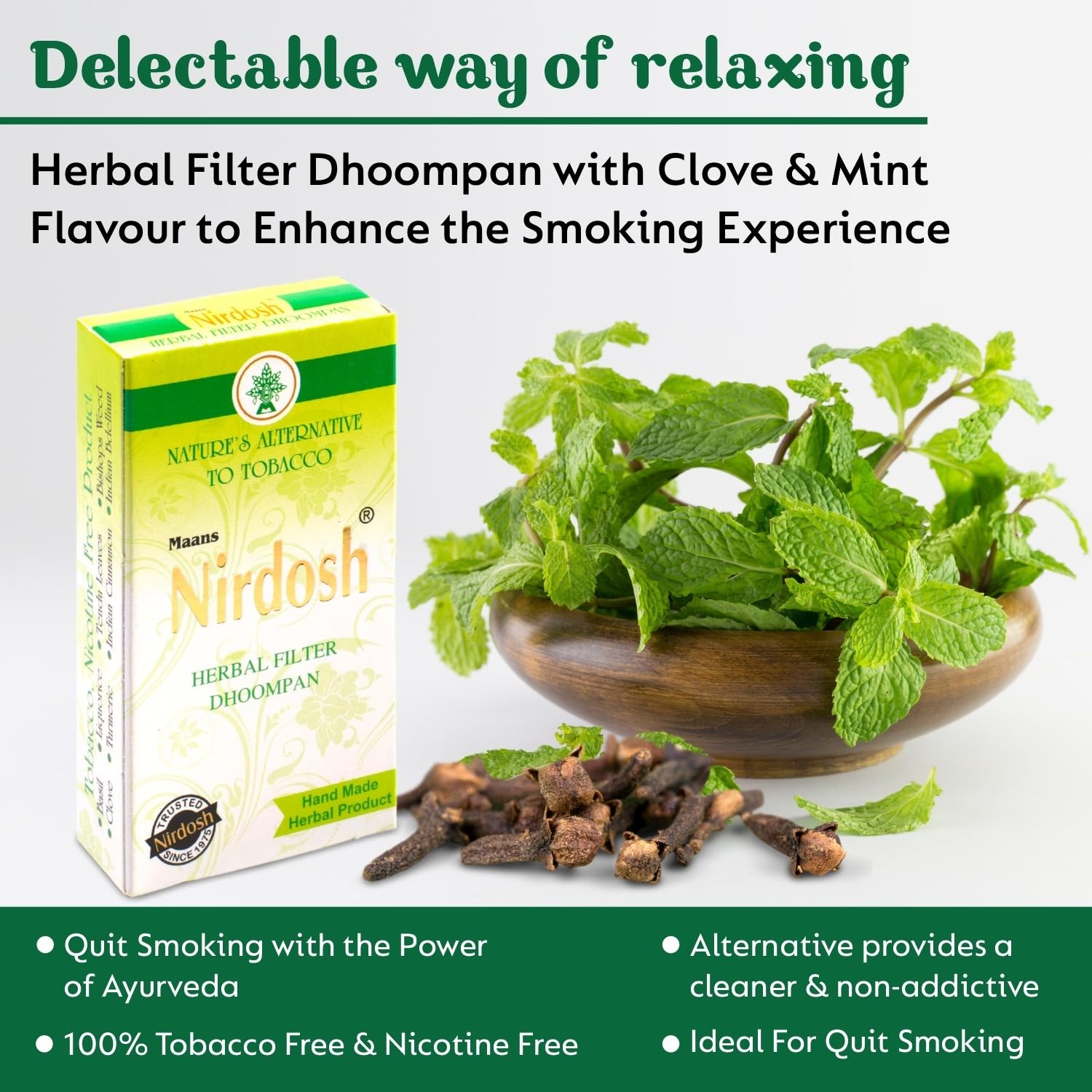 Clove Mint Flavored Herbal Filter Dhoompan Sticks - Pack Of 10X 10 Pcs Herbal Cigarette | Bidi Sticks Rolled In Tendu Leaves, Non-Addictive Sticks - Tobacco Free & Nicotine Free