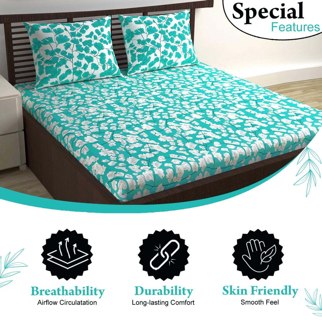 Cotton Extra Double Bedsheet For King Size With 2 Pillow Covers | 87 X 106 Inches, Teal & White - Ideal For Home, Guest House, Hotel | Soft & Breathable Fabric