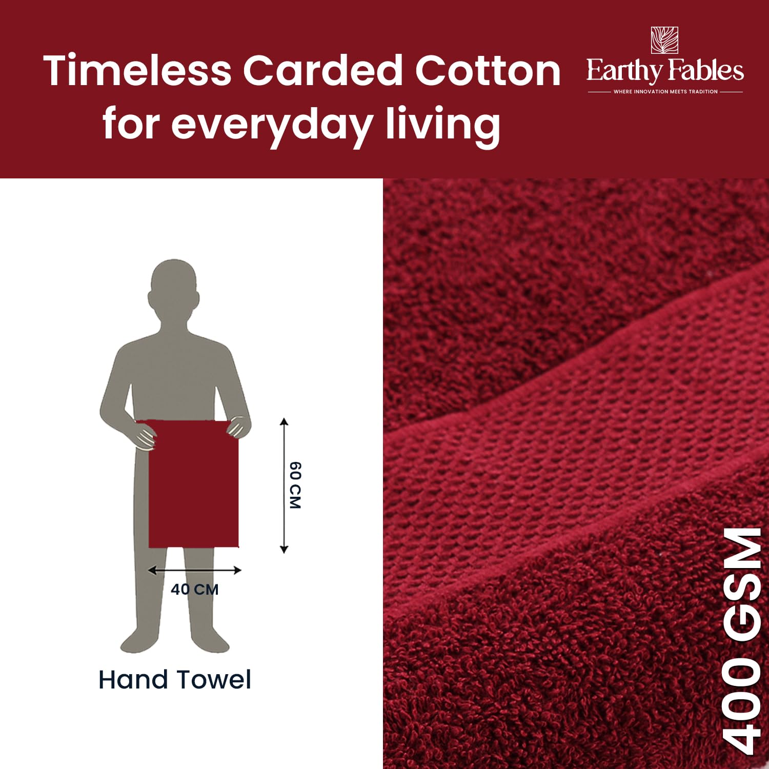 Earthy Fables Basic Hand Towel 800 Gsm | Pure Carded Cotton, Soft, Absorbent, Quick Dry & Skin-Friendly Towel - Pack Of 4 (Wine)