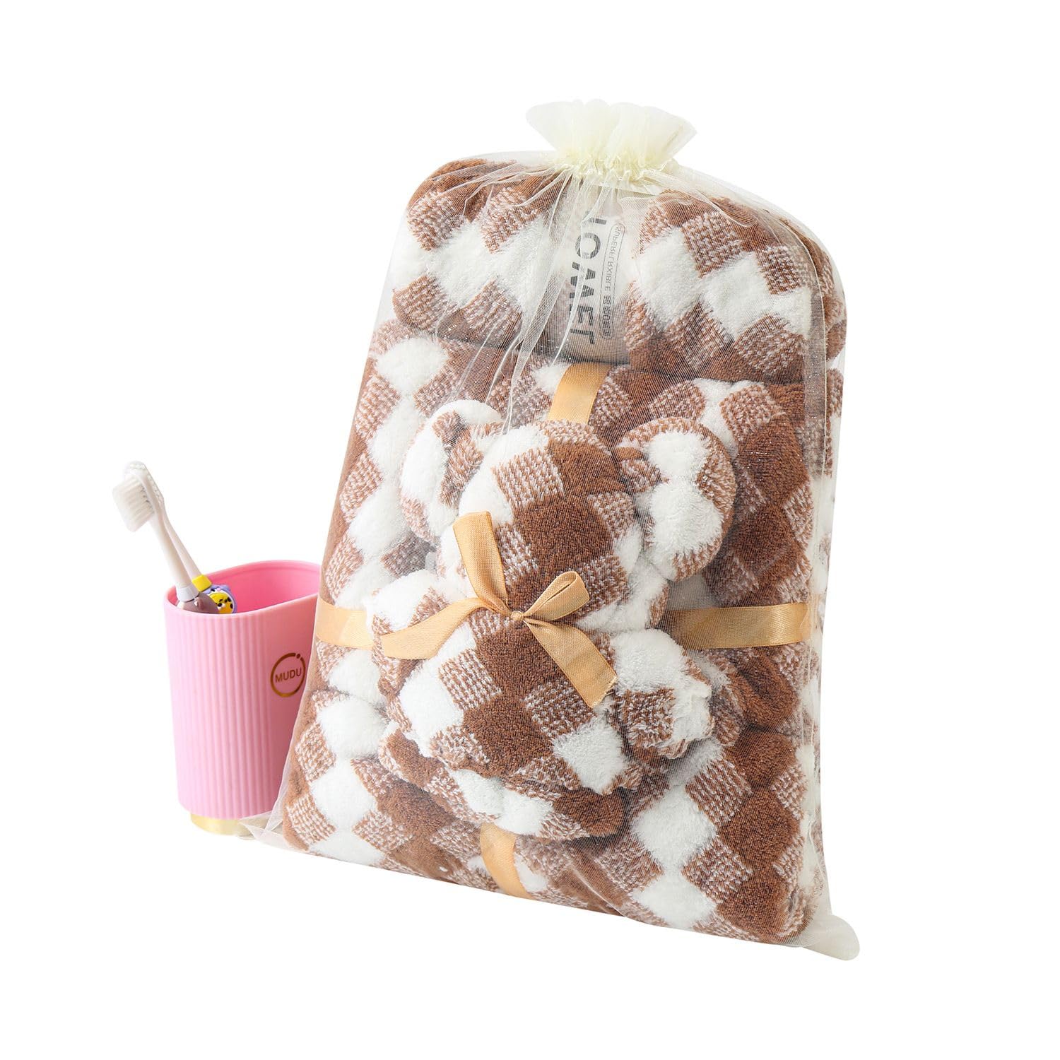HomeCloud Microfiber Soft & Fuffy Bath & Face Towel 400 Gsm With Hanging Loop | 3x Softer Than Cotton Towels | Highly Absorbent Set Of 2 (Checks Brown)