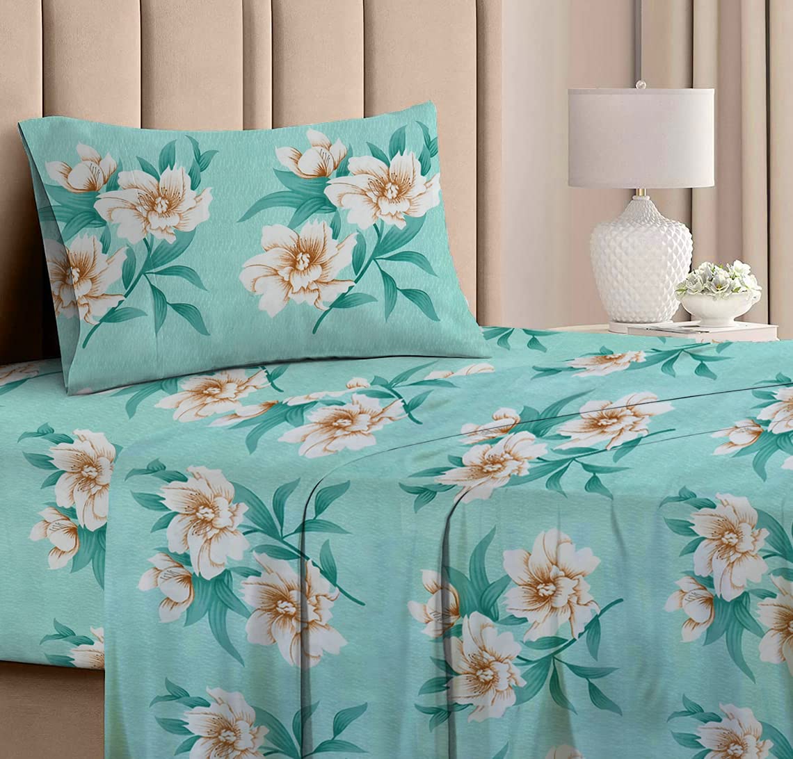 Printed Single Bedsheets With 1 King Size Pillow Cover - 60 X 90 Inches, Sea Green | Ideal For House, Bedroom, Guest Room, Vacation Home