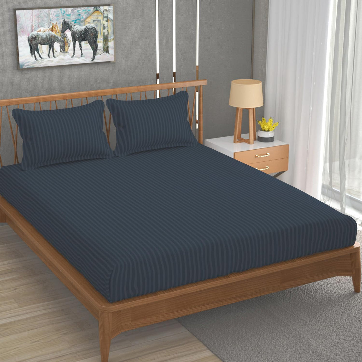 Cotton Elastic Fitted King Size Double Bed Bedsheet With 2 Pillow Covers - 72x78x6 Inches, Dark Grey | Durable Bedsheets For Everyday Comfort