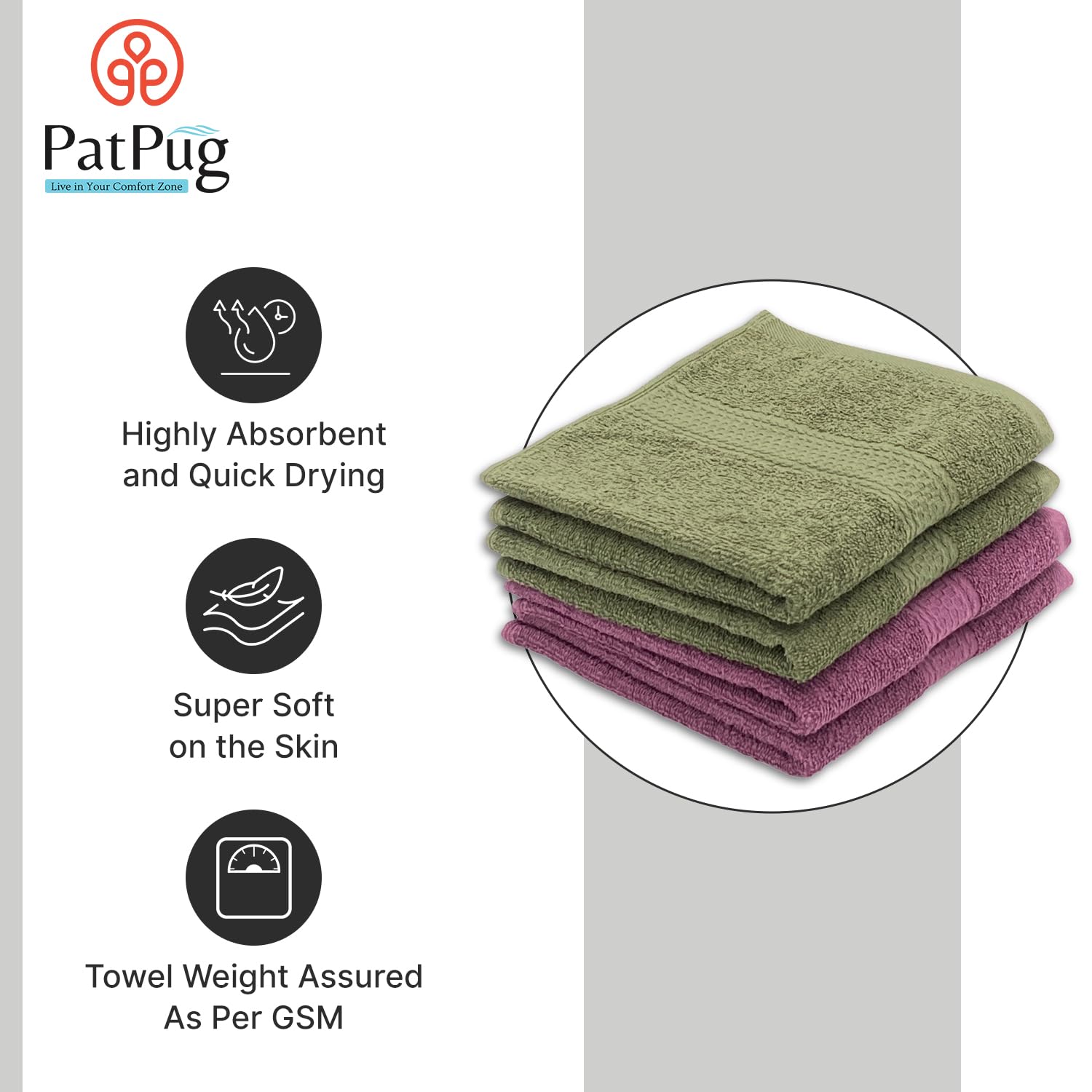 Patpug 100% Indian Ultra Soft Cotton Hand Towel 600 Gsm | For Gym, Workout, Yoga, Wash Basin (Wine Red & Olive Green) - 4 Piece