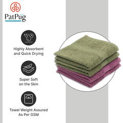 Patpug 100% Indian Ultra Soft Cotton Hand Towel 600 Gsm | For Gym, Workout, Yoga, Wash Basin (Wine Red & Olive Green) - 4 Piece