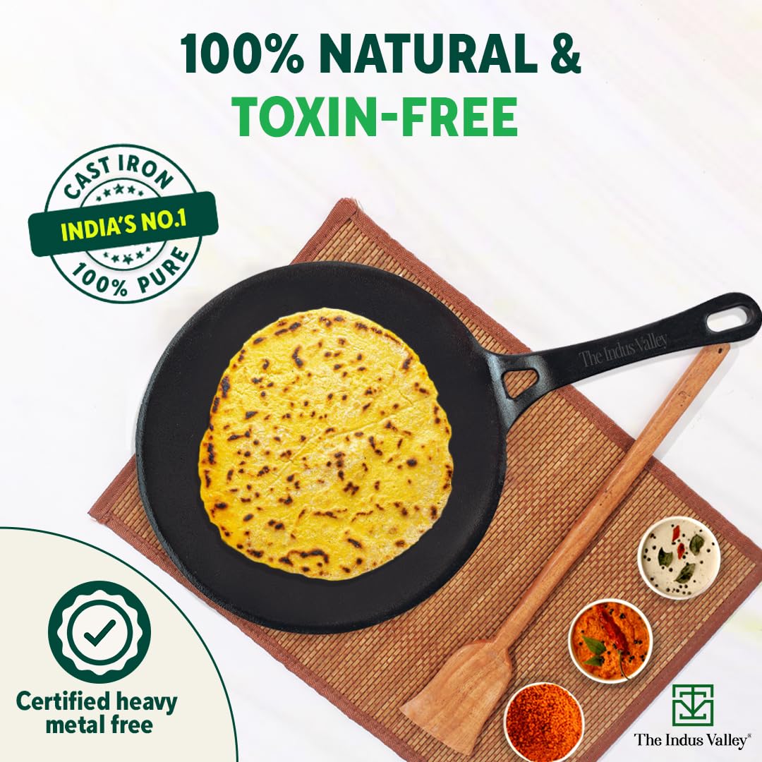 Pre-Seasoned Cast Iron Tawa For Dosa, Chapathi With Iron Tadka Pan | Nonstick, Pre-Seasoned Tava, 100% Pure & Toxin-Free - Pre-Seasoned Cast Iron Tawa + Tadka Pan, 26cm, 10.2 Inch