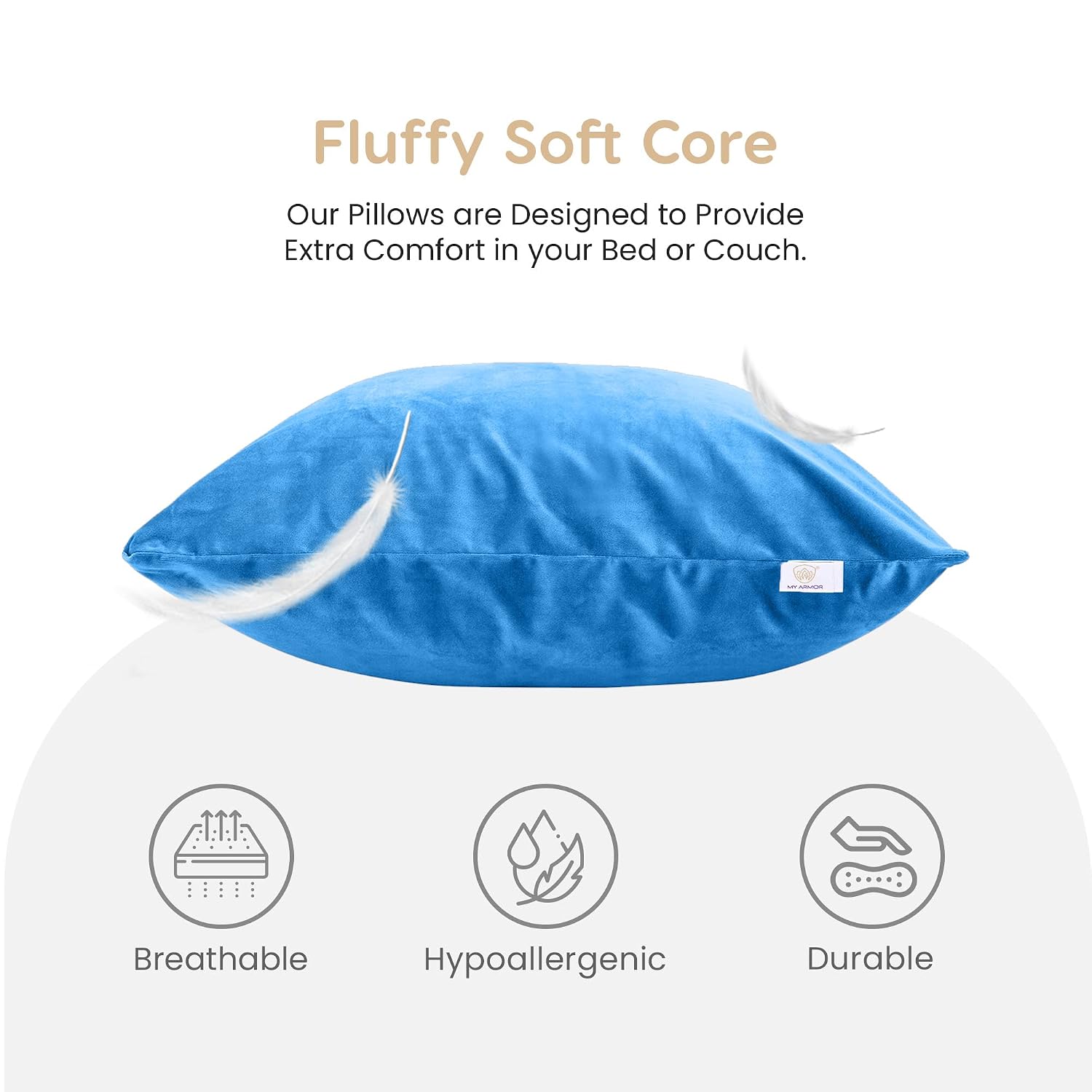 Microfiber Square Soft Pillow Cushion For Sofa & Bed, Sky Blue - 24 X 24 Inch | Fluffy Pillow For Comfort & Back Support | Washable, Premium Velvet Outer Cover With Zip - Pack Of 1