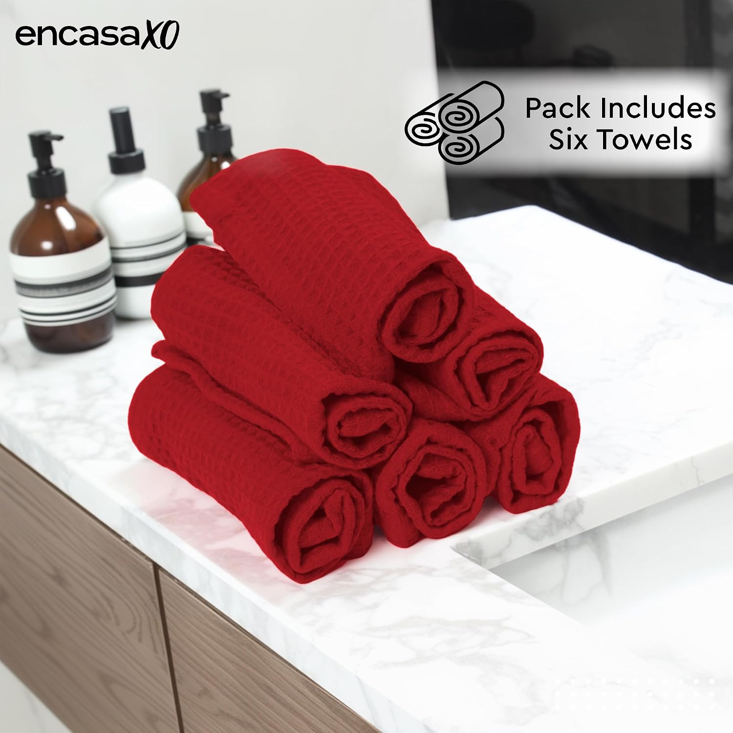 Encasa Xo Kitchen Hand Towels Set 150 Gsm | Waffle Weave & Flat Hand Towel | Quick Drying Reusable Cotton Washcloths | Set Of 6 (Red)