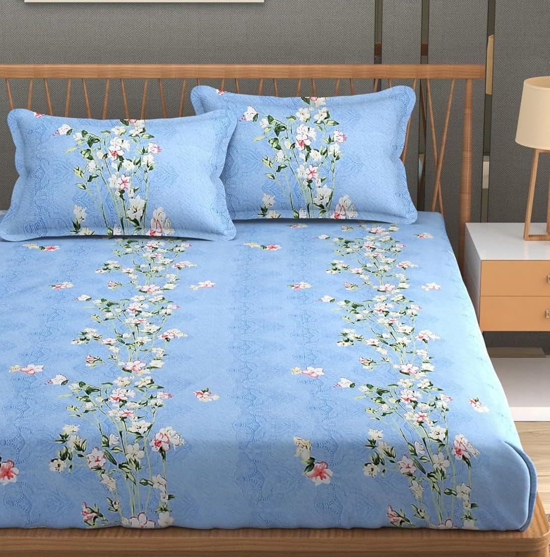 King Size Elastic Fitted Bedsheets With 2 Pillow Covers - 90 X 100 Inches, Sky Blue | Soft Wrinkle Free & Breathable Elastic Bedsheets - Durable & Long Lasting Bedsheet