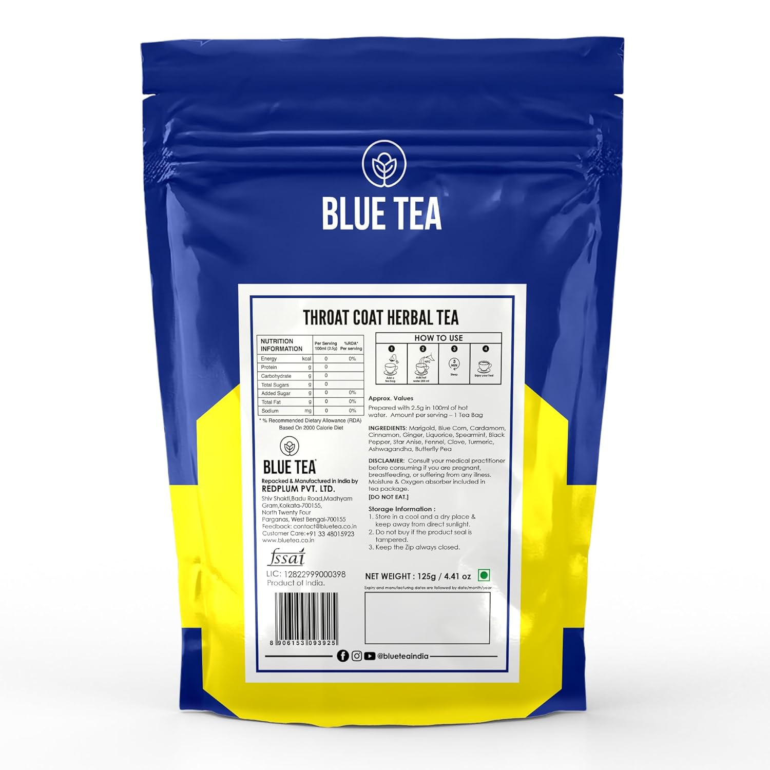 Blue Tea Caffeine Free Throat Coat Herbal Tea - 50 Pyramid Tea Bags In Zip Lock Pack | Antioxidants Support Refreshing Flavor - Gluten Free, Non-GMO, Zero Sugar, 100% Vegan