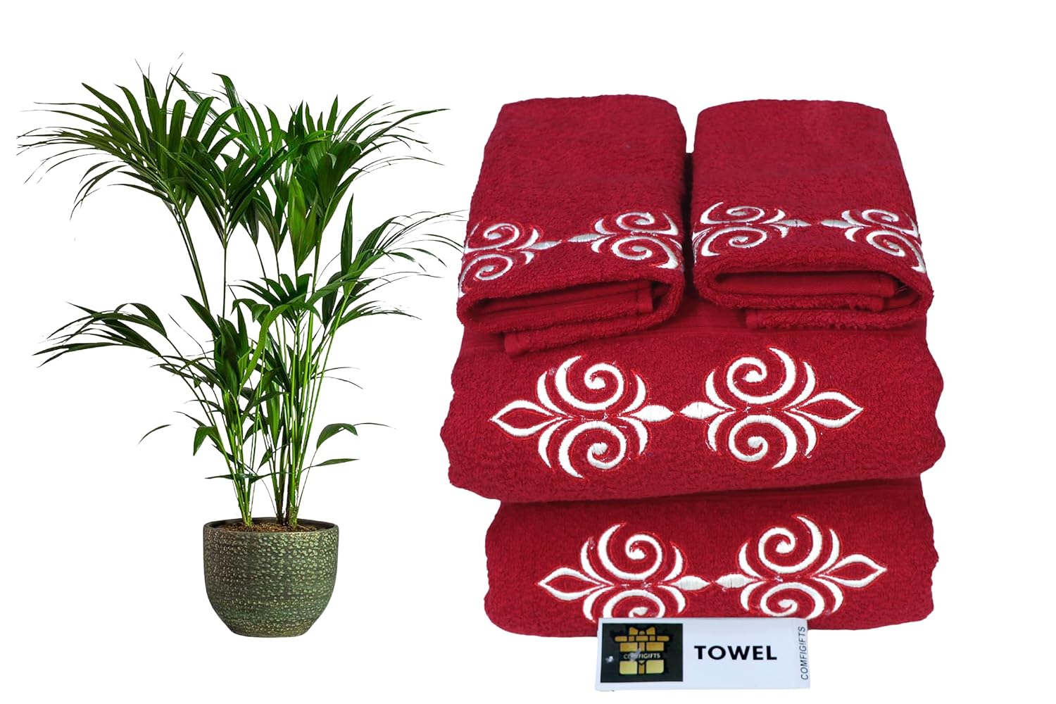 Comfigifts 100% Cotton 2 Bath & 2 Hand Towels 1400 Gsm | Soft, Absorbent, Lightweight Towels With Computerized Embroidery (Maroon D1)