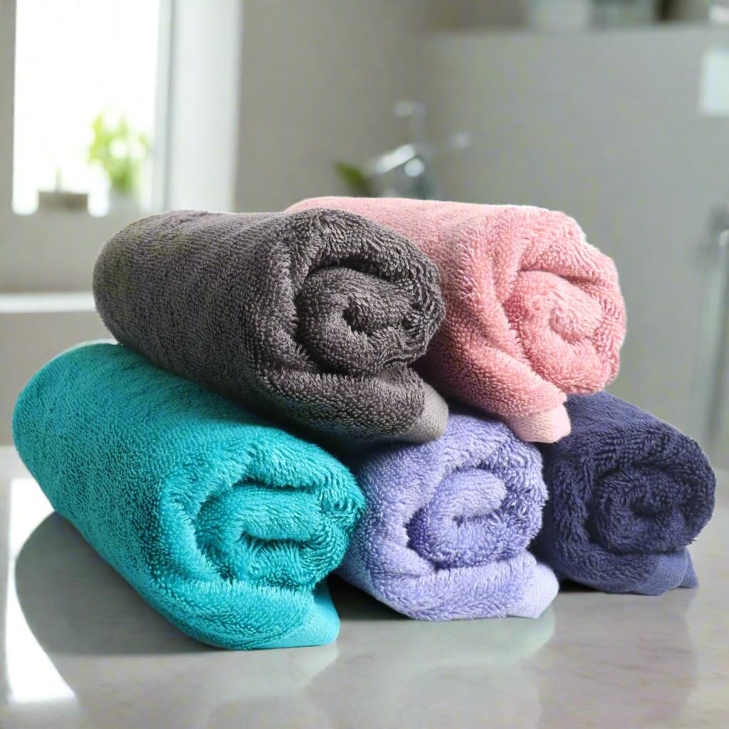Heelium Bamboo Hand Towel 1000 Gsm | Ultra Absorbent & Anti-Bacterial 3x Softer Than Cotton Towels Pack Of 5 - Iris, Peach, Blue, Grey & Teal