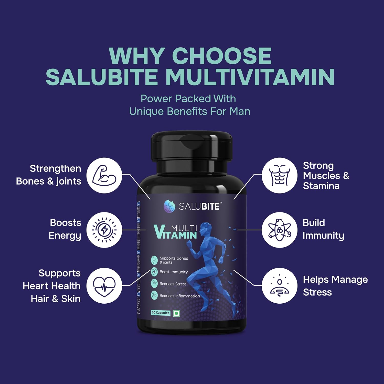 Salubite Multivitamin For Men - Comprehensive Health Support | 60 Capsules , 100gm 0.2lbs