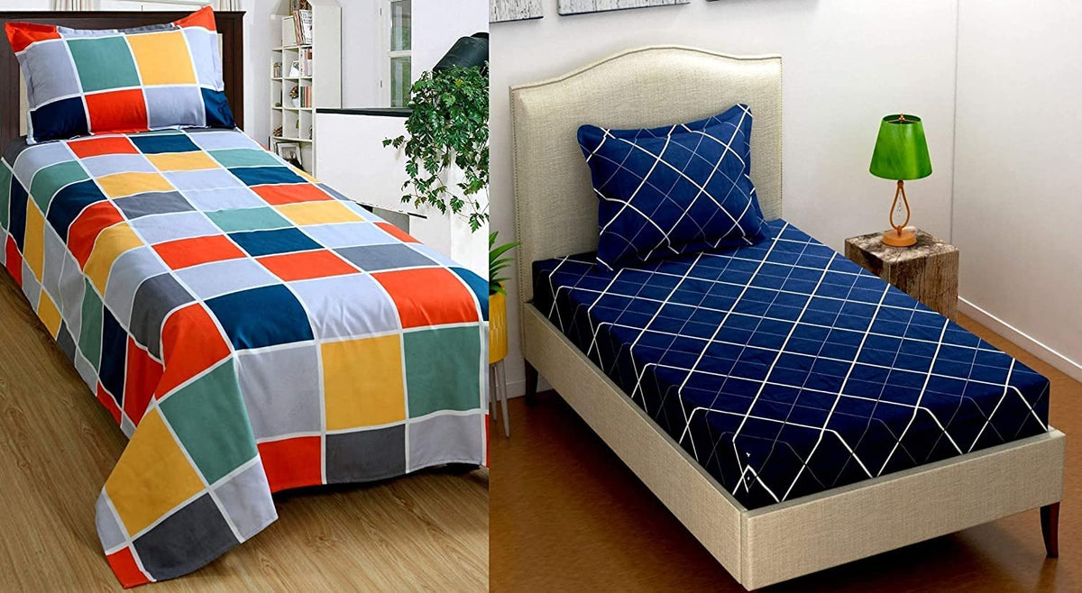 Single Bedsheet With 2 Pillow Cover - 60 X 90 Inches, Multicolor | Soft & Durable For Everyday Use - All Season Comfort | Combo Pack Of 2