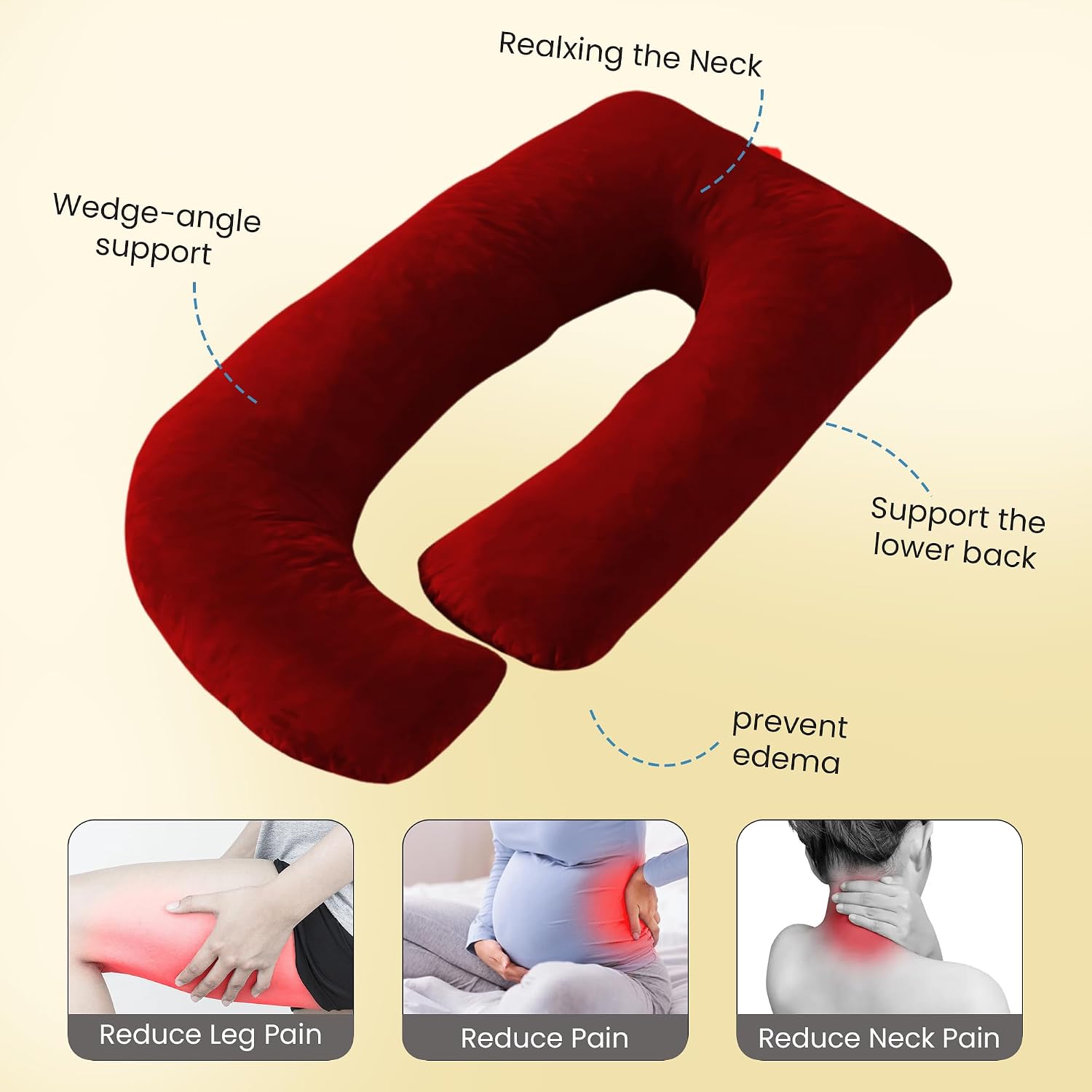 J Shape Full Body Pillow, Pregnancy Pillows For Sleeping, Maroon Color | Maternity Pillows For Back, Hips, Legs, Belly | For Pregnant Women With Removable, Washable Maroon Velvet Cover