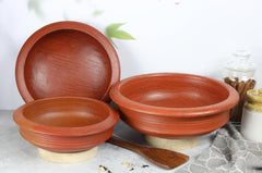 Deep Burned Uncoated Clay Pot Or Mitti Handi Combo With 2 Wooden Spatulas Complimentary Pack Of 3 - Red, 1+2+3 Liters | Pre-Seasoned Mud Pot - Unglazed, Double Fired, Hand Crafted