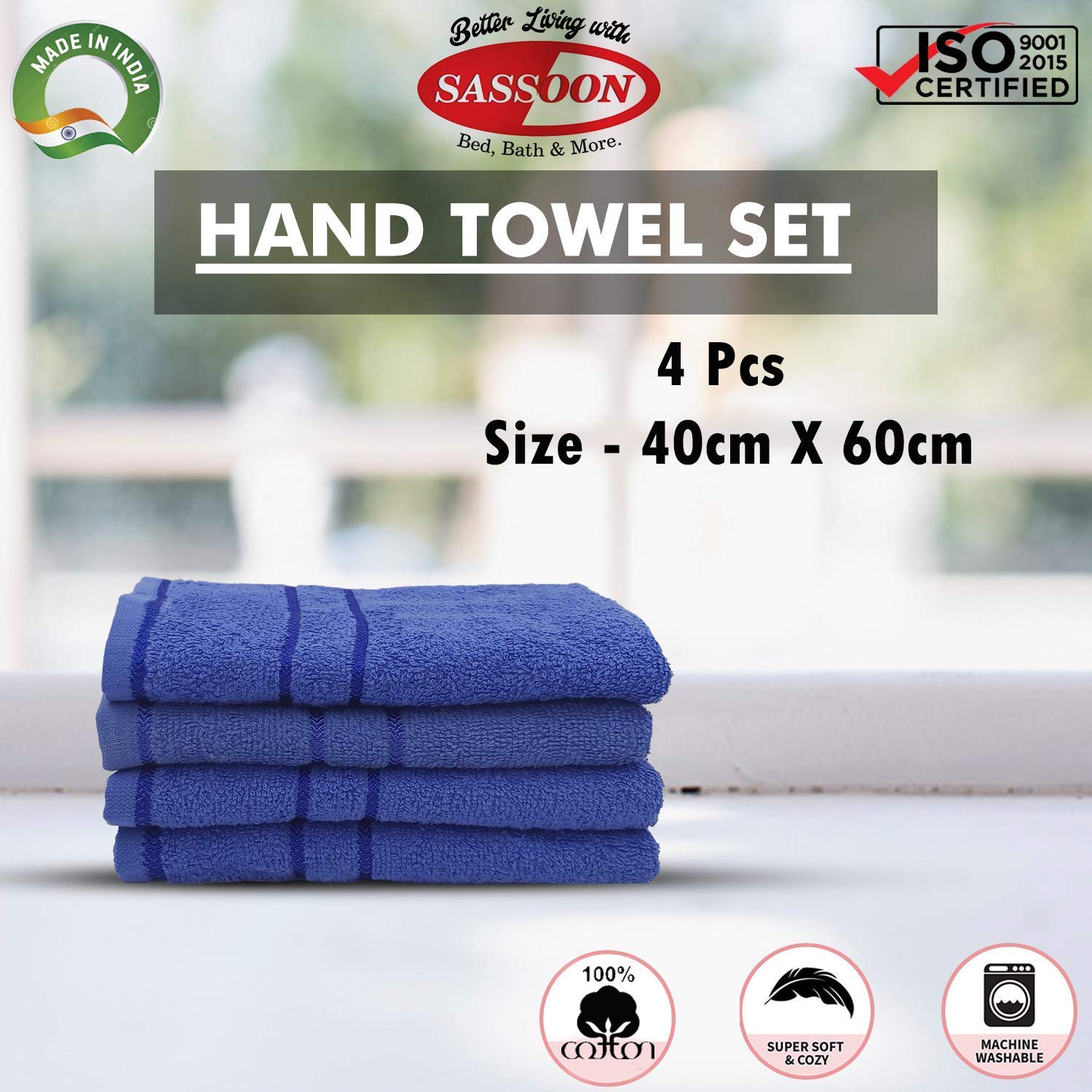 Sassoon Melrose 100% Cotton Hand Towel 800 Gsm | Highly Absorbent, Soft Material Perfect For Daily Use (Blue) -4 Piece