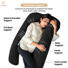 Full Body U Shape Pregnancy Pillow For Women, Maternity Pillow, Black Color | Pillow Gift For Pregnancy Sleeping, Premium Velvet Cover With Zip | Adjustable & Washable, Relieves Pain
