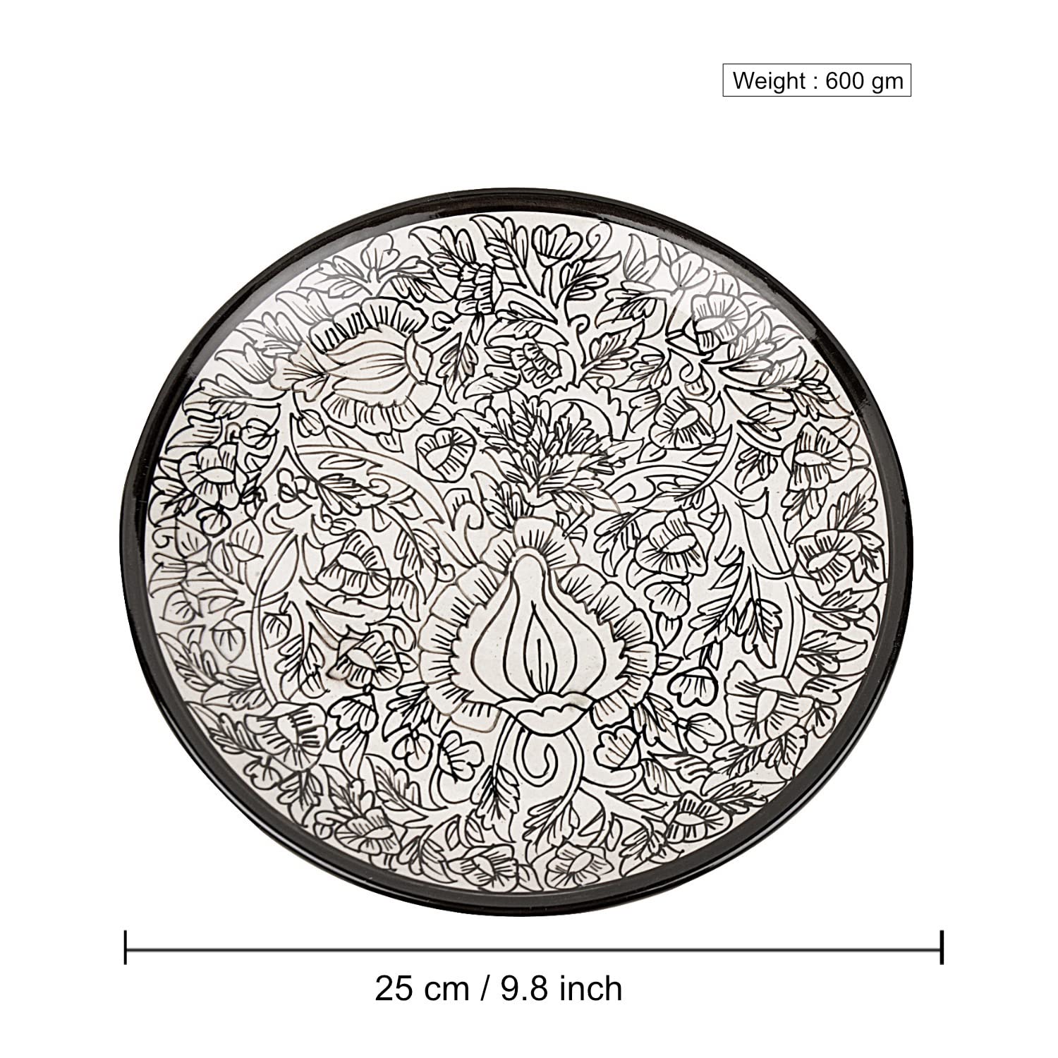 Hand Painted Ceramic Dinner Serving Plates Set Of 2 - Off White & Black, 25 Cm | Full Plates - Ceramic Platter - Kalamkari Collection