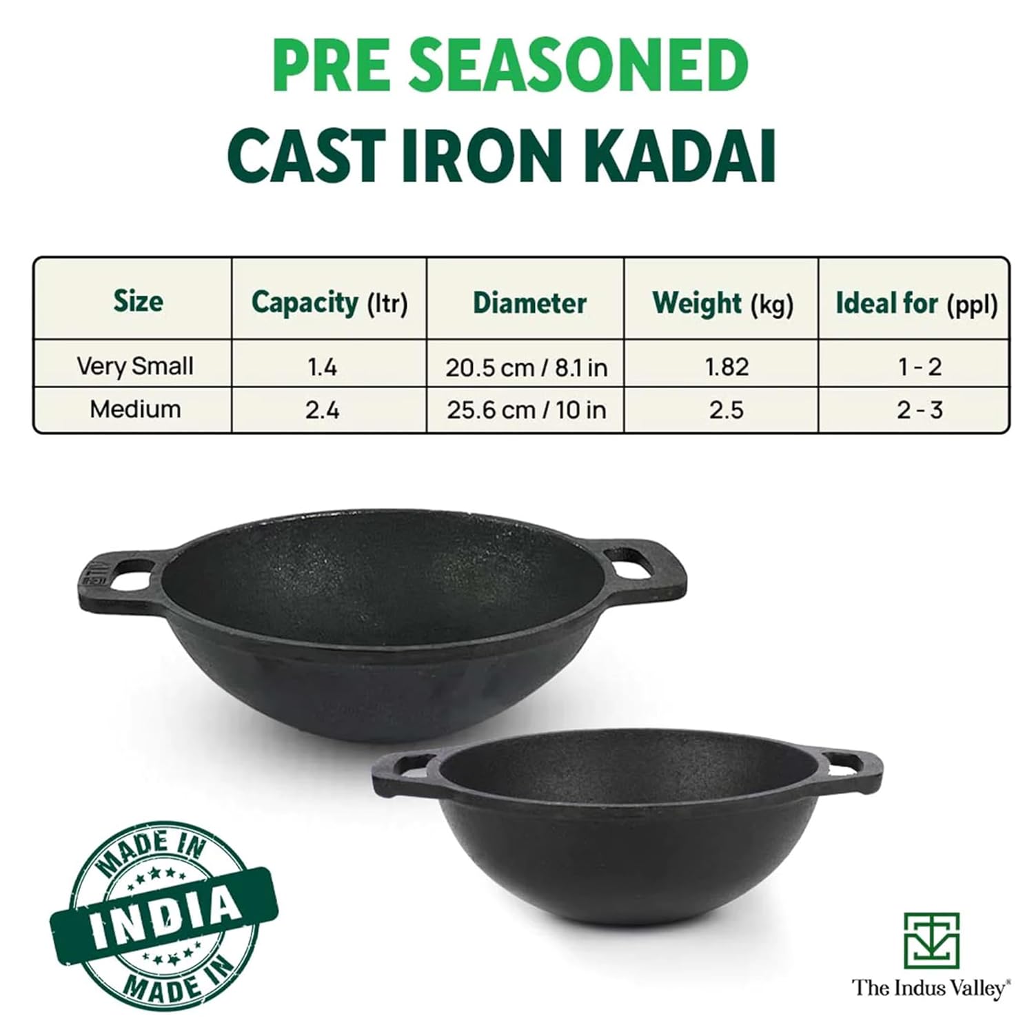 Pre-Seasoned Black Cast Iron Cookware Set - Kadai 20.5cm, 1.4 Liters + Kadai 25.6cm, 2.4 Liters | Kitchen Cooking Combo Pots & Pans Set Of 2 Pcs - Naturally Nonstick