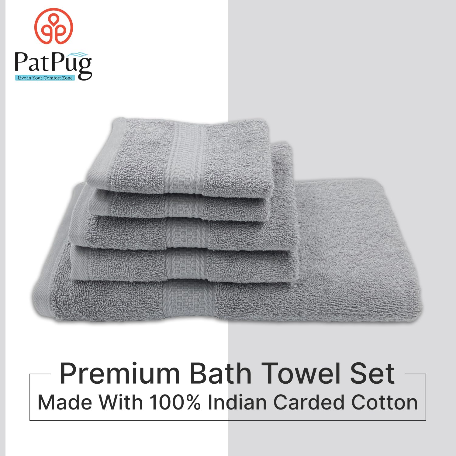 Patpug 100% Indian Cotton Plush Towel Set 1200 Gsm | Highly Absorbent, Fade Resistant, Quick Drying (Silver Grey) - 5 Piece