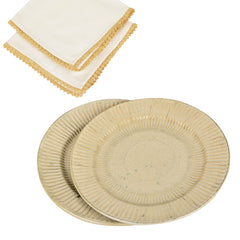 Ribbed Ceramic Dinner Serving Plates With 2 Table Napkins Set Of 2 - Ivory, Diameter: 10 Inches | Full Plates - Ceramic Platter - Dazzling Riviera